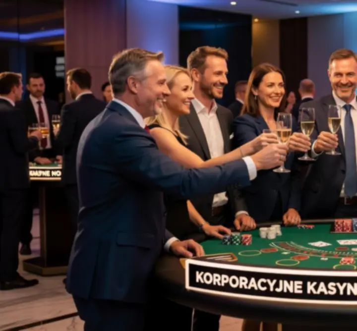 Uśmiechnięci uczestnicy eventu firmowego przy stołach kasynowych