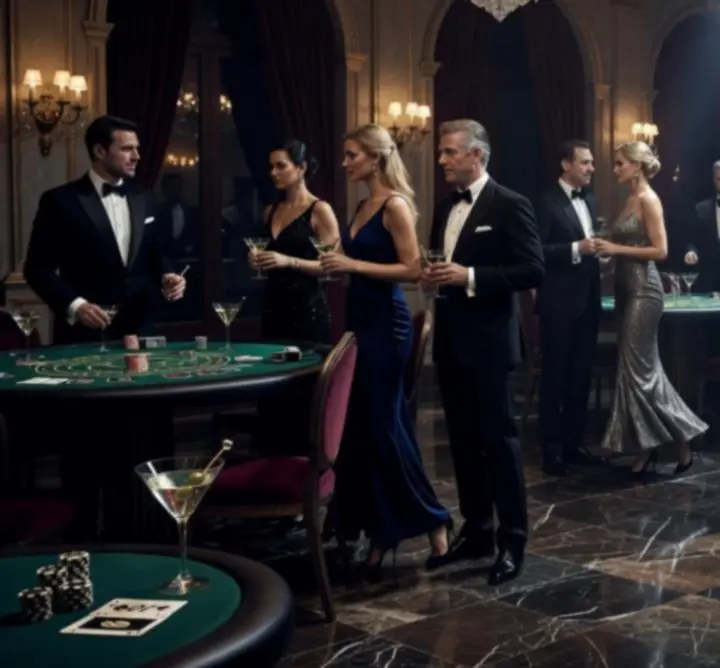 Impreza kasynowa w stylu James Bond z eleganckimi stołami i obsługą w smokingu